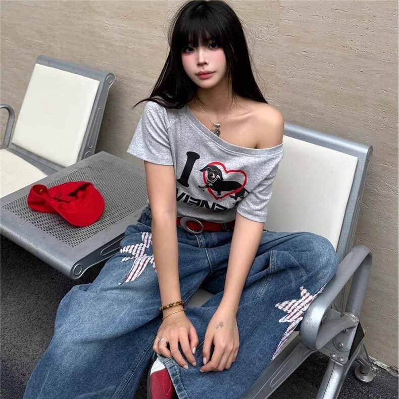 美式复古水洗星星贴布弯刀牛仔裤女春秋款高腰宽松慵懒风长裤,男装牛仔裤,星座506A