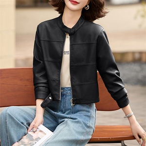 2025春秋季新款皮衣外套女短款立领时尚休闲小个子机车皮夹克上衣图片