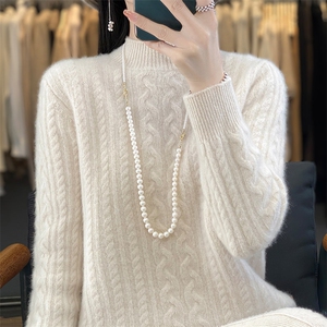 秋冬100羊毛女加厚半高领扭花长袖针织毛衣宽松休闲打底衫图片