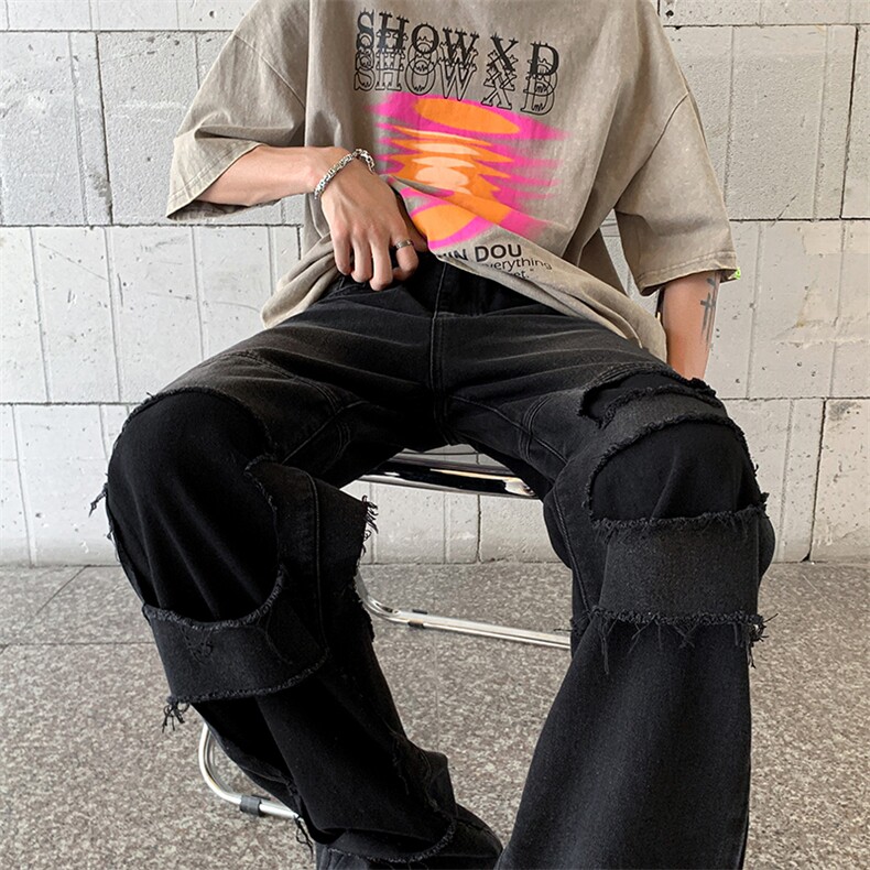 B221美式ins高街暗黑小众撞色破洞直筒牛仔裤LK23109-P65控88,男装牛仔裤,电商B221