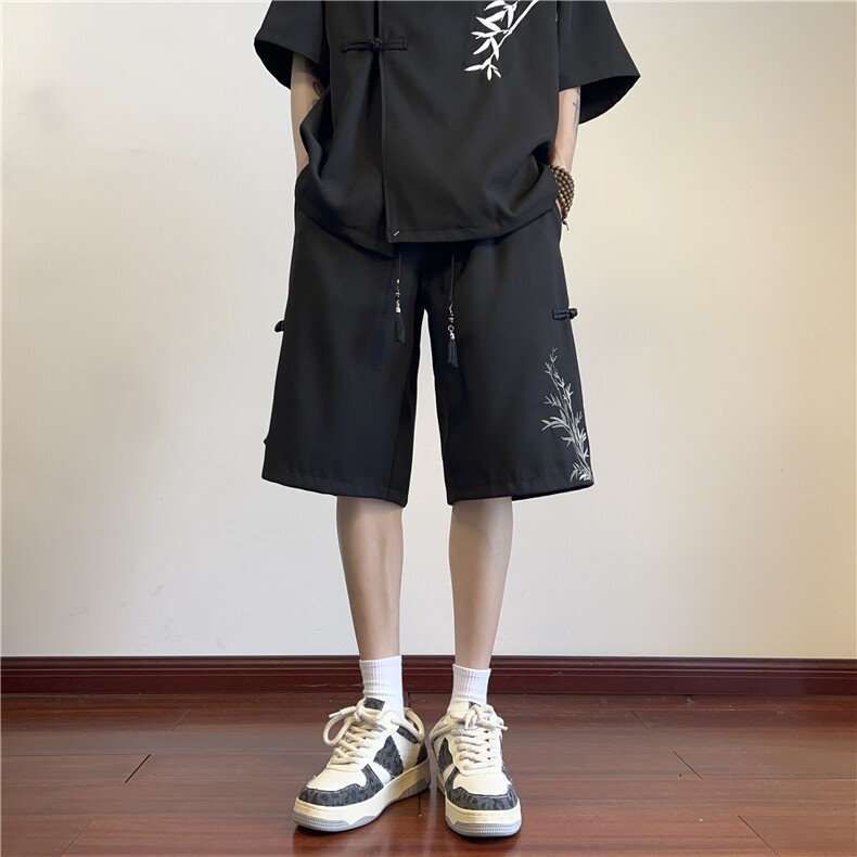 抖音品质夏新款风新中式竹叶刺绣五分裤B315-K24068-特p30控58,男装休闲裤,电商B315