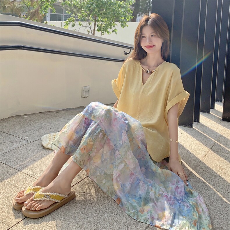 慵懒风宽松短袖套装女2025夏季新款法式上衣仙女碎花半身裙两件套,女装套装/套裙,2C115