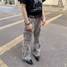 美式重工炮弹多口袋工装牛仔裤男小众潮牌做旧设计感宽松阔腿裤子，男装牛仔裤，星座506A