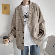 20港风秋款男千鸟格西装宽松风衣外套松紧西服W02P60，男装西服，星座1013-1