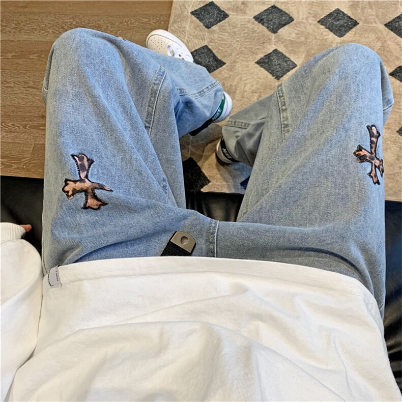 ins牛仔长裤男潮牌美式高街水洗复古刺绣宽松直筒裤K2244-P40,男装休闲裤,星座512-2