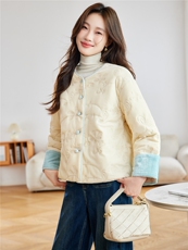 在仓~2025年冬季刺绣丝绒夹棉内里圆领加厚长袖常规棉服外套，女装棉衣/棉服，新依时派