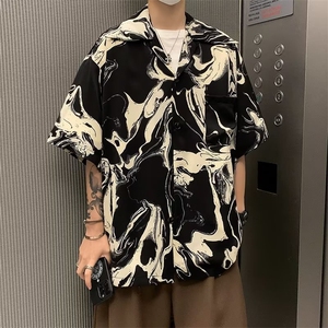 夏季男衬衫衬衣短袖宽松半袖潮流个性花色印花发型师中袖上衣C077图片