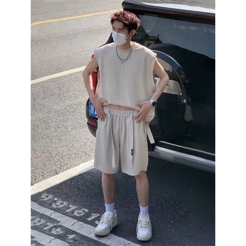 设计运动套装男款夏季无袖坎肩背心短裤少年感穿搭一整套,男装牛仔裤,星座506A