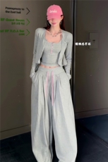 女春新款欧货时尚休闲套装修身显瘦开衫上衣内搭吊带阔腿裤三件套，女装套装/套裙，江南
