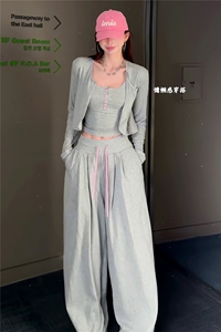 女春新款欧货时尚休闲套装修身显瘦开衫上衣内搭吊带阔腿裤三件套图片