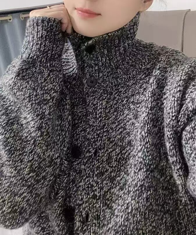 高领花纱100%纯羊毛开衫女纽扣加厚针织外套毛衣宽松慵懒羊毛上衣，女装羊毛衫，千御纺羊绒