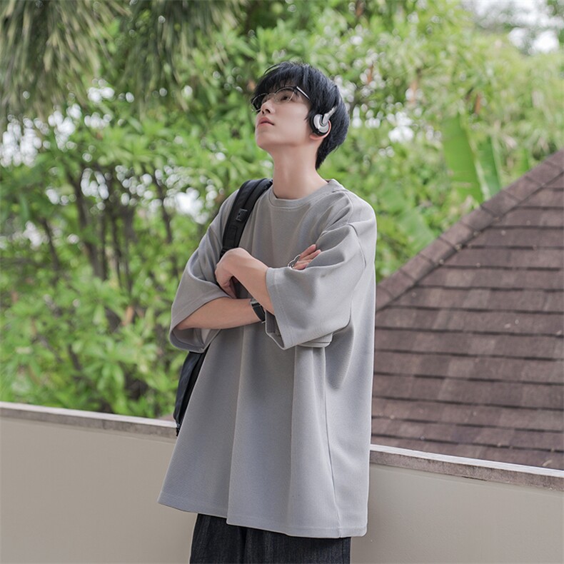 华夫格短袖男T恤潮流百搭青少年宽松休闲日系B225-T9235-P28-X39，男装T恤，电商B225