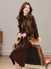 冬季新款重工小立领新中式立体花卉刺绣加棉真毛马甲两件套裙女，女装套装/套裙，央宝儿