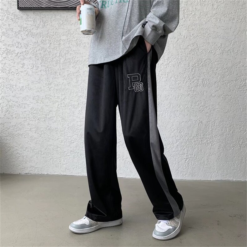 新款高街垂坠感字母休闲裤情侣直筒宽松ins丽丝绒阔腿裤男K258P35,男装休闲裤,星座1116-2