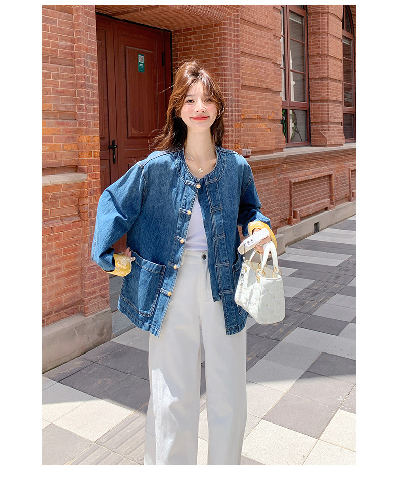 款新中式轻风复古夹克牛仔蓝盘扣宽松牛仔外套秋，女装短外套，郎佰婉