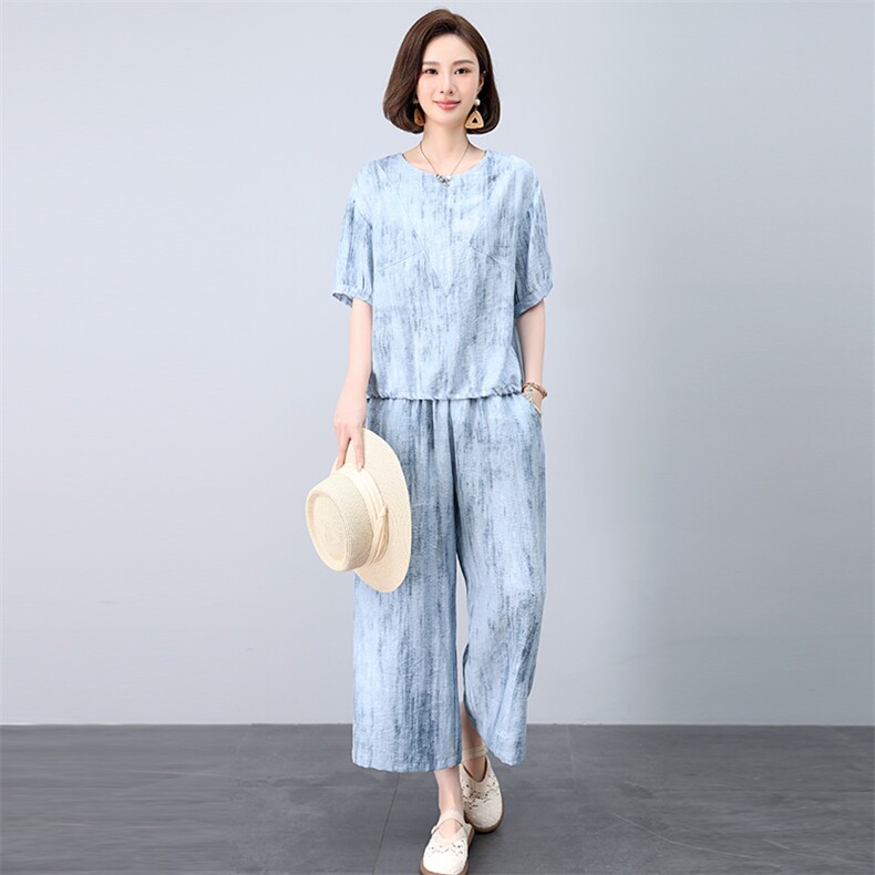 休闲时尚套装女2025夏季新款宽松显瘦气质上衣松紧腰九分裤两件套,女装套装/套裙,悦见她