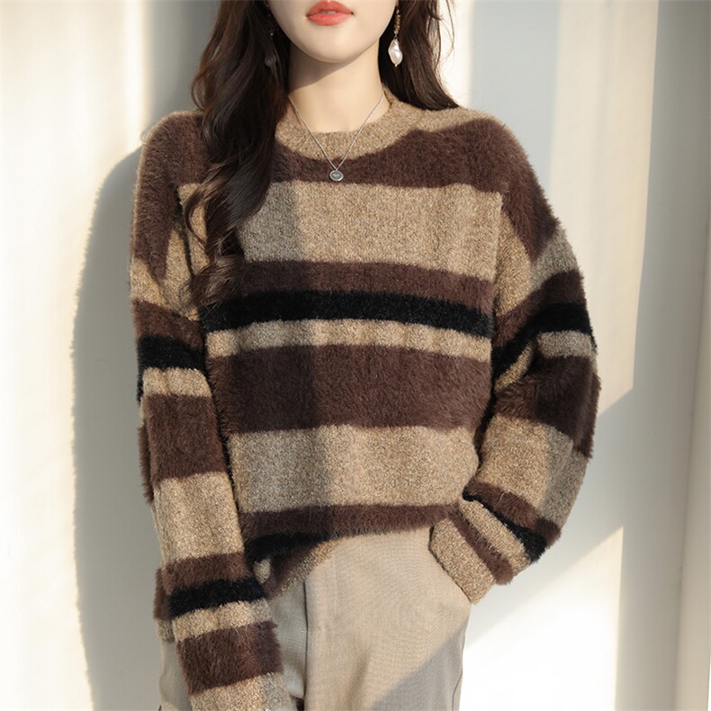 秋冬圈纱拼色100%纯羊毛衫女圆领套头毛衣宽松加厚羊绒衫针织打底，女装针织衫/毛衣，特麦惠羊绒