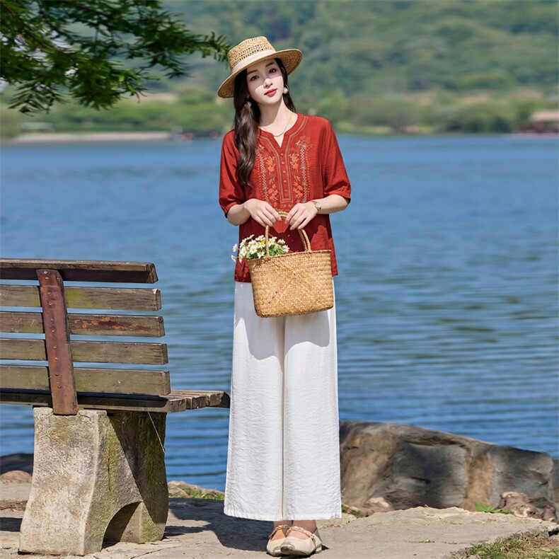 时尚洋气刺绣棉麻套装女2026夏季新款宽松遮肉显瘦阔腿裤两件套,女装套装/套裙,魅影