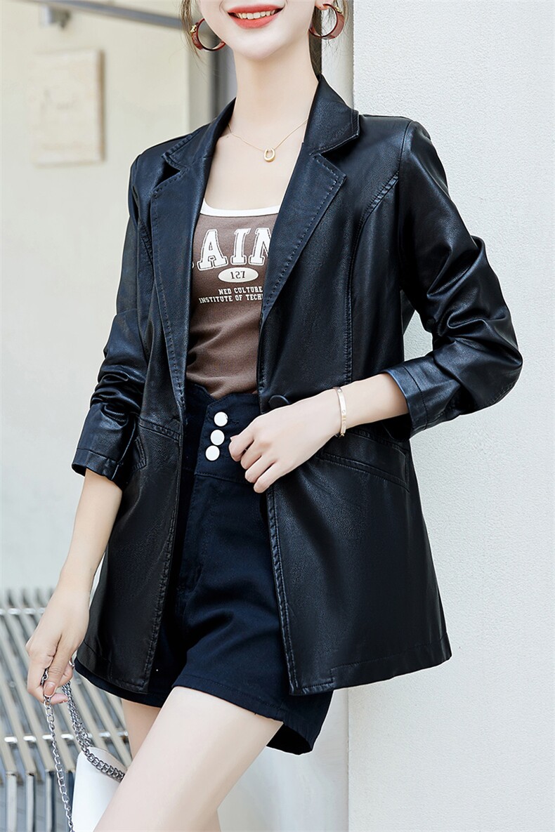 皮衣女2023年新款春秋款修身休闲西装外套收腰pu中长款西服皮夹克,女装皮衣,江南女神