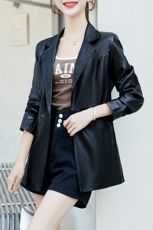 皮衣女2023年新款春秋款修身休闲西装外套收腰pu中长款西服皮夹克，女装皮衣，江南女神