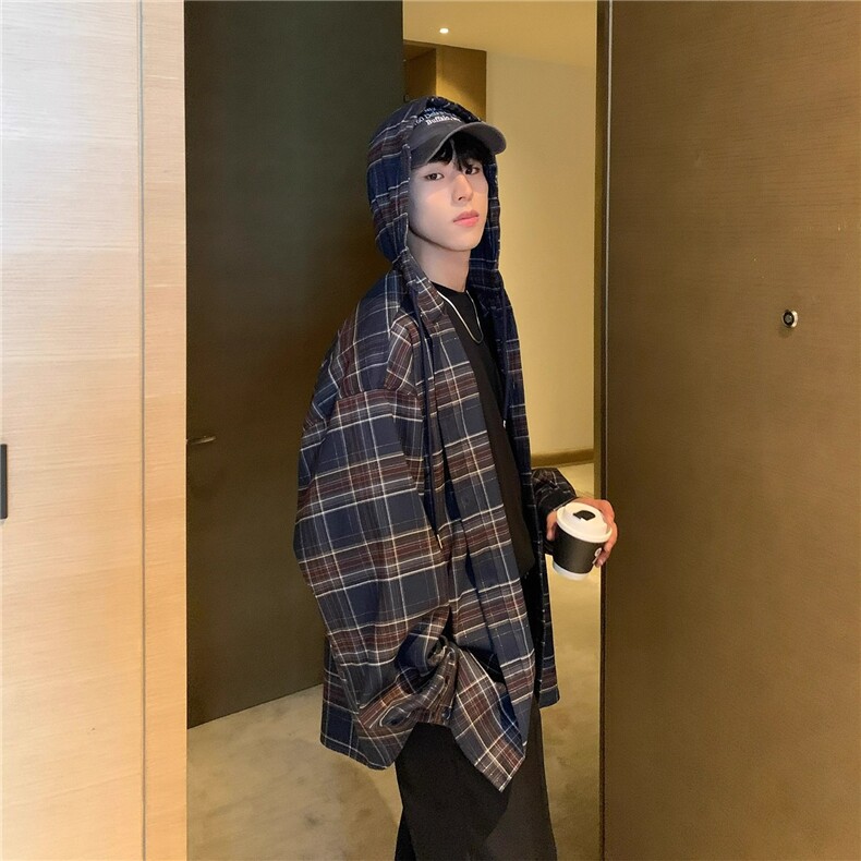 美式复古格子连帽衬衫男女长袖高级感衬衣休闲宽松慵懒外套上衣潮,男装衬衫,星座516A