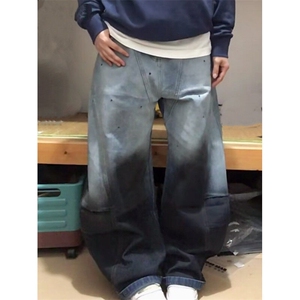 美式高街直筒牛仔裤男女新款复古宽松高腰显瘦阔腿拖地裤子-AK097图片