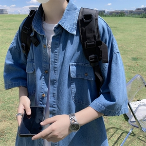夏季工装外套港风复古牛仔衬衫男新款宽松休闲短袖衬衣 W3421-P40图片