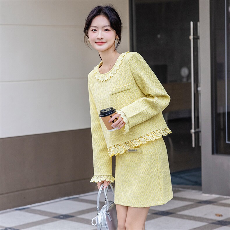 促销2025春季洋气小香风淑女气质显瘦撞色花边套裙时尚套装两件套,女装套装/套裙,美静678