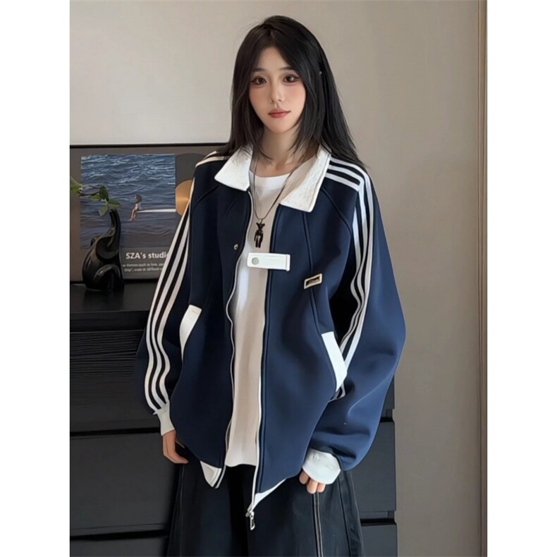 网图美式拼接三条杠卫衣男女款春秋季重磅潮牌百搭情侣条纹外套,女装短外套,四季星座505
