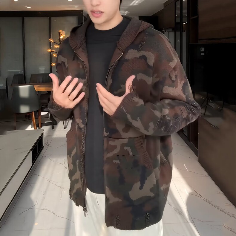 美式复古重磅连帽迷彩毛衣外套男春秋2025新款设计感拉链开衫,男装针织衫/毛衣,星座218-8