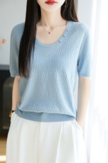 夏季新款V领莱赛尔天丝针织短袖女纯色百搭半袖上衣宽松T恤打底衫，女装针织衫/毛衣，唐诺