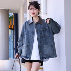 拼接翻领复古百搭牛仔外套女2025年春秋新款时尚百搭上衣，女装牛仔外套，潮流依族