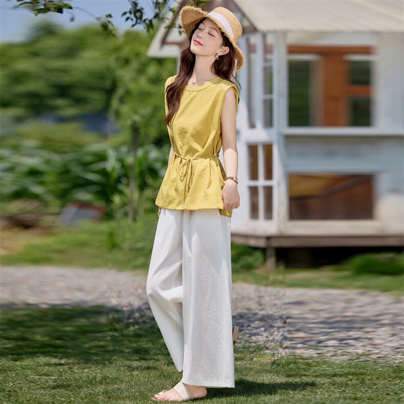 两件套套装女2025夏季新款超火棉麻减龄显瘦穿搭一整套高腰阔腿裤,女装套装/套裙,依路服饰