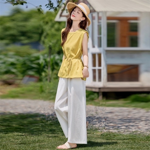 两件套套装女2025夏季新款超火棉麻减龄显瘦穿搭一整套高腰阔腿裤图片