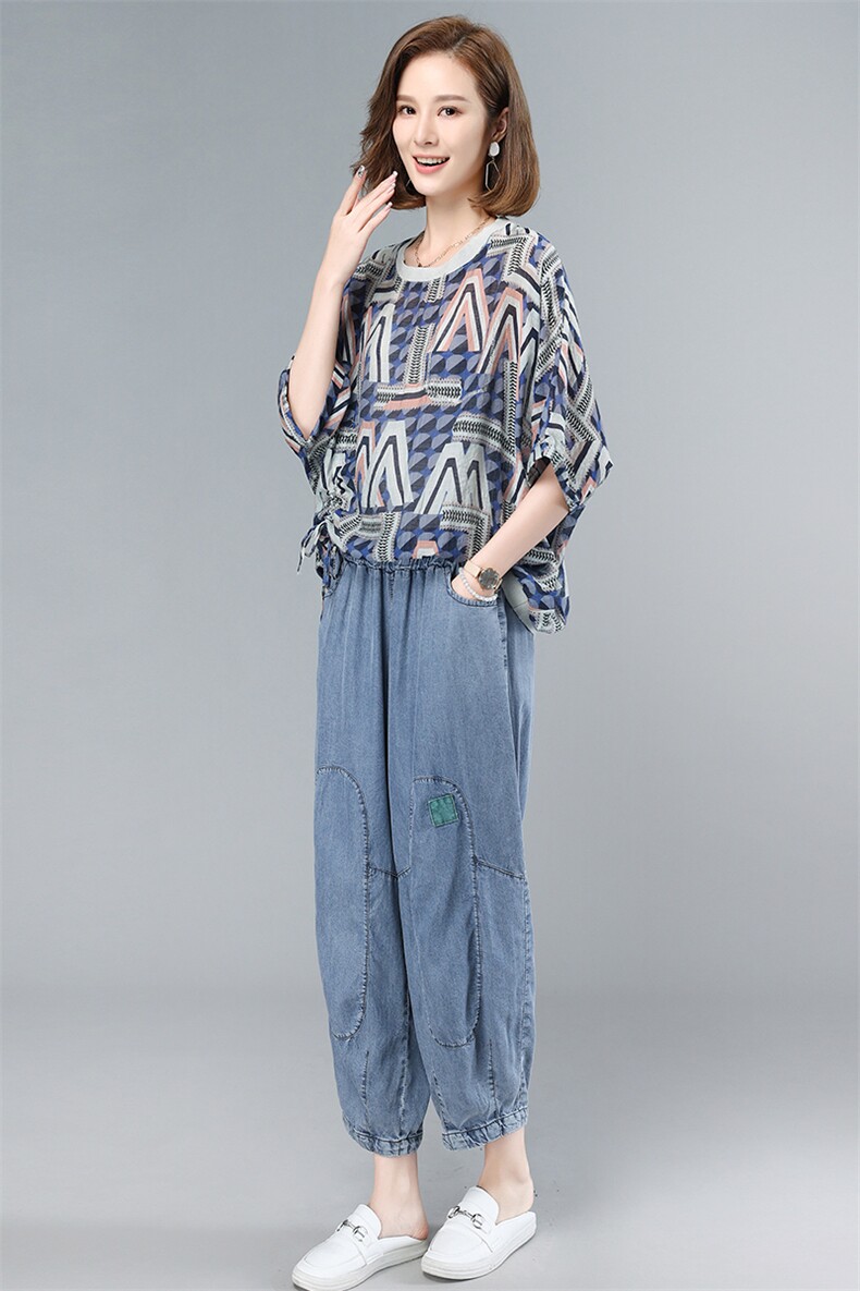 薄款天丝牛仔套装女2025夏季新款大码遮肉显瘦中年妈妈休闲两件套,女装套装/套裙,叶笙衣