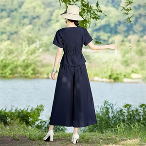 棉麻套装女夏季2025新款高端时尚洋气减龄显瘦亚麻阔腿裙裤两件套图片