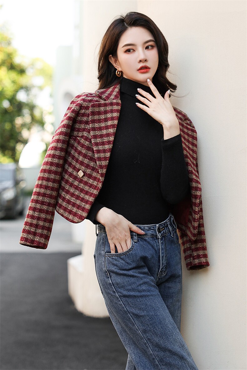 婵米儿毛呢外套女2025秋冬新款韩版修身格子小西装上衣外搭,女装毛呢外套,婵米儿