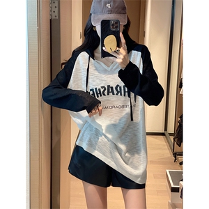 插肩袖V领拼色针织衫字母T恤女2022年早秋新款韩版简约百搭上衣图片