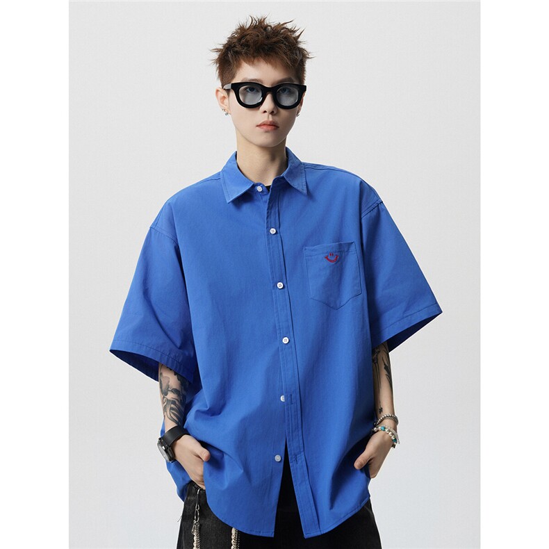 多巴胺爱心刺绣衬衫短袖男女夏季宽松纯棉衬衣情侣防晒外套933P45，男装防晒衣，星座710