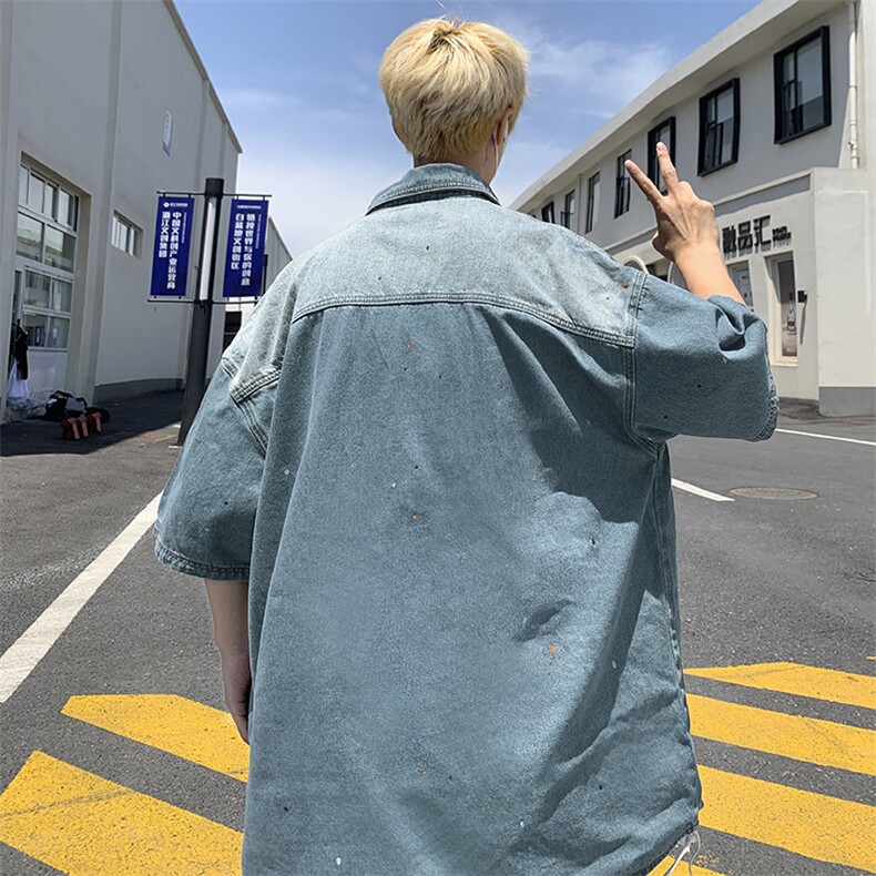夏季新款牛仔短袖衬衫男外套日系薄款宽松休闲上衣,男装衬衫,星座410-7