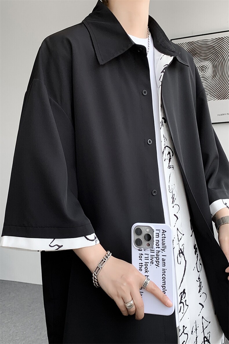 假两件短袖衬衫新中式风设计衬衣大码垂感冰丝外套DC1705特P35,男装衬衫,电商B238