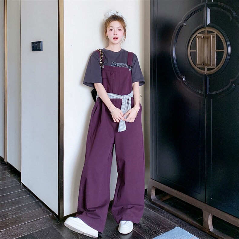 紫色休闲学院风背带裤女春秋2025年新款韩版小个子减龄工装阔腿裤图片