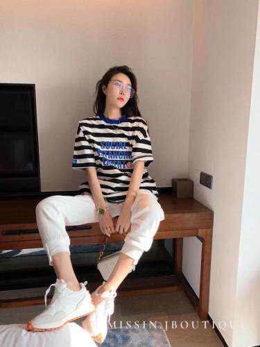 2021夏季新款全棉条纹韩版贴标短袖，女装，程稀