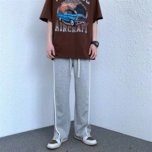 218-1-P30-KE043夏季宽松休闲侧边白色线条休闲裤图片