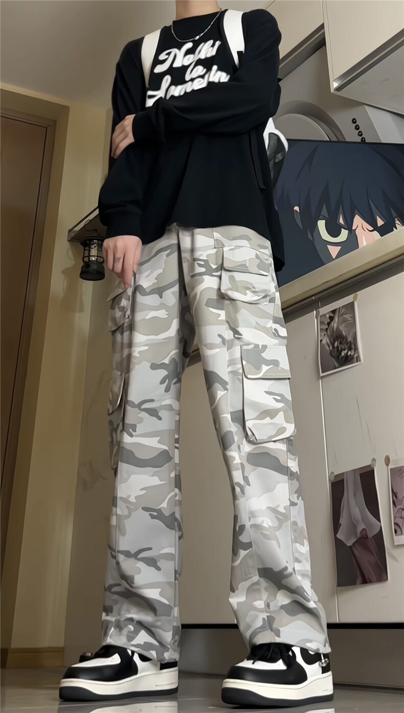 韩水洗做旧口袋阔腿宽松休闲伞兵裤迷彩口袋工装裤FK03P45,男装工装外套,电商D256
