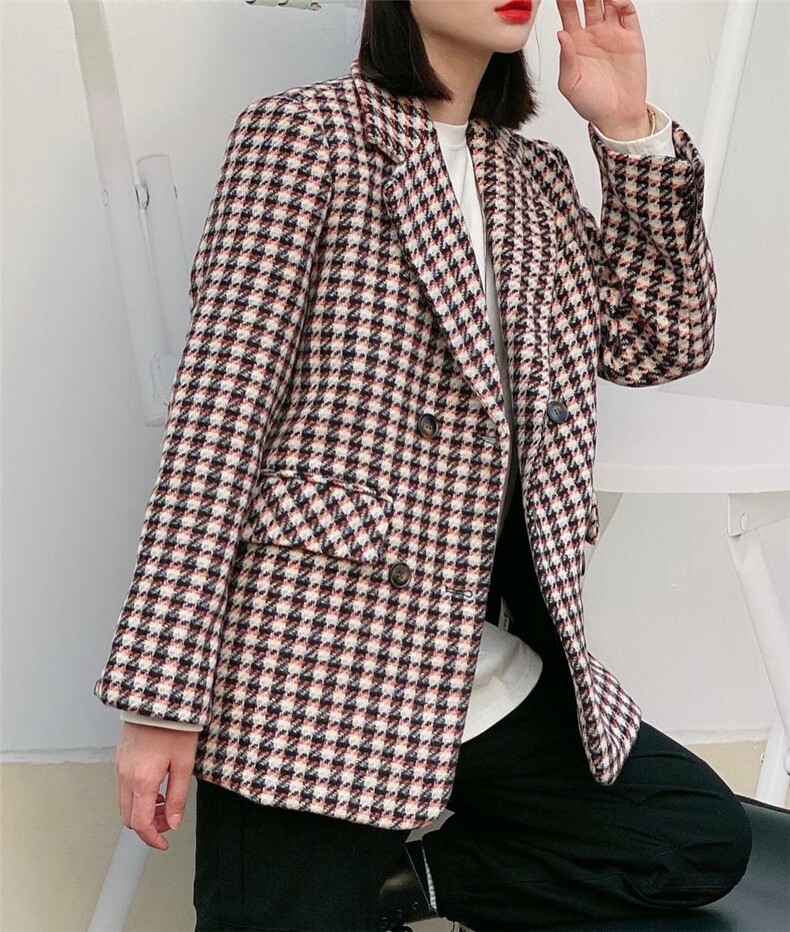 四粒扣西装领格子外套，女装西装，昕叶良品