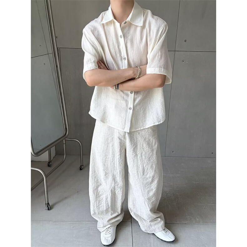 得物抖音品质二开老钱风亚麻冰丝纹短袖衬衫男女休闲美式潮牌衬衣,男装T恤,电商A486