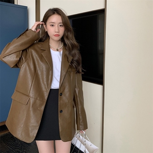 咖色皮衣西装外套女2023年春秋新款韩系高级感小个子炸街休闲西服图片