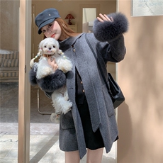 新款双面羊绒狐狸毛飘带大衣外套2B72-8638-1-P310-K398，女装双面呢大衣，乐吉娜