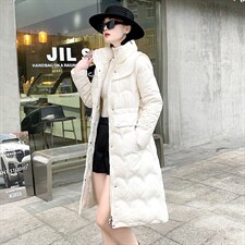 现货2022年冬季新款小香风中长款百搭时尚抽绳羽绒90白鸭绒羽绒服图片